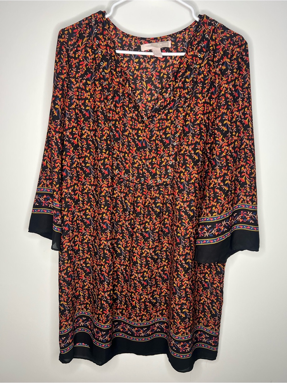 black floral print long sleeve dress with bell sleeves size large